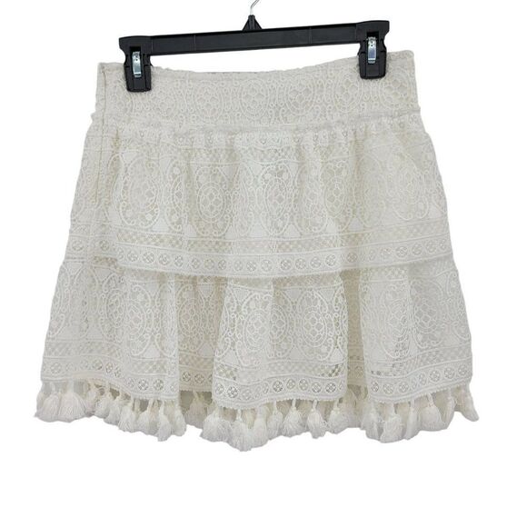 Anine Bing Skirt Mini Crochet Lace Tiered Tassel Fringe Hem Mini White XS - Picture 8 of 15